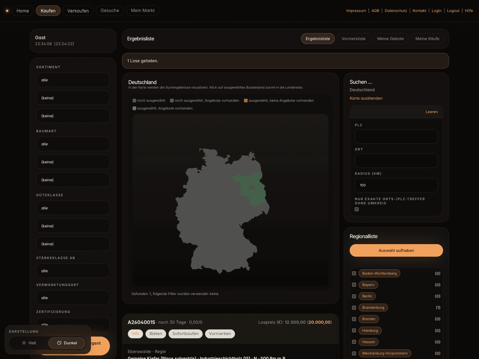 Aktuelle Kaufen-Seite der Holzbörse mit Filtern, Karte, Regionalliste und Ergebnisliste