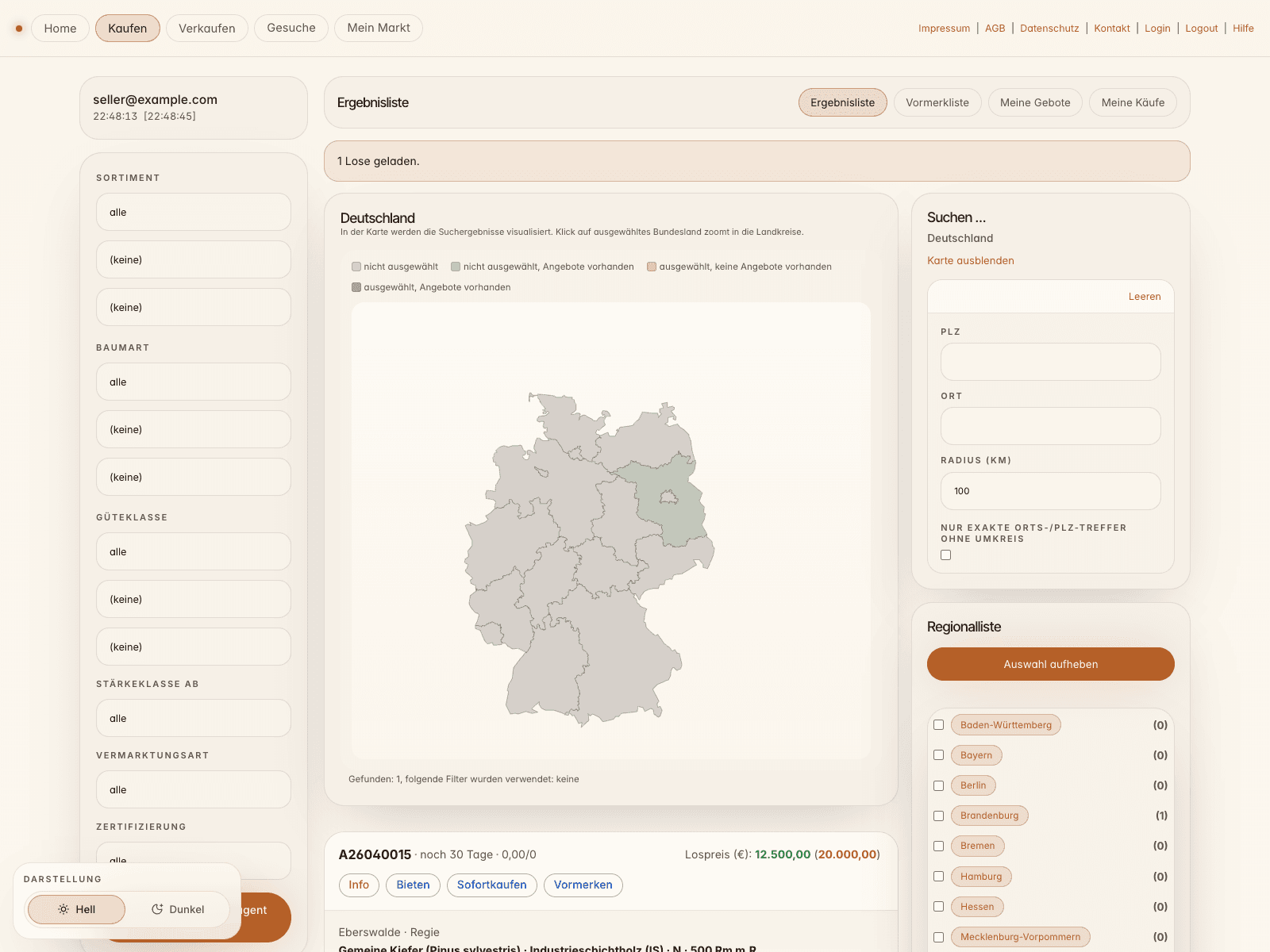 Aktuelle Kaufen-Seite der Holzbörse mit Filtern, Karte, Regionalliste und Ergebnisliste