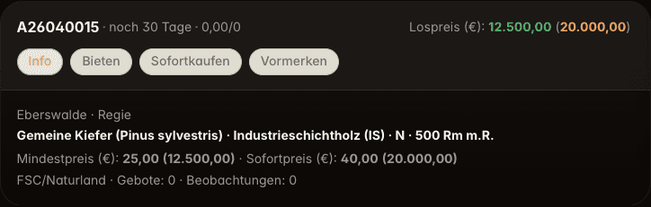 Aktuelle Loskarte aus der Kaufen-Seite der Holzbörse