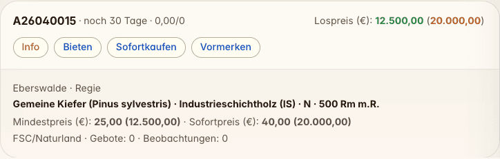 Aktuelle Loskarte aus der Kaufen-Seite der Holzbörse