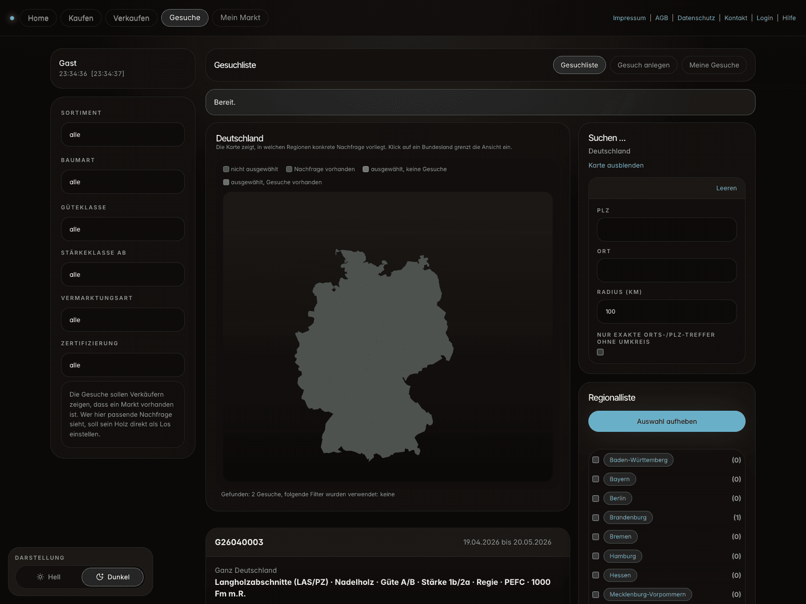 Gesuche-Seite mit Karte, Filtern und Gesuchliste
