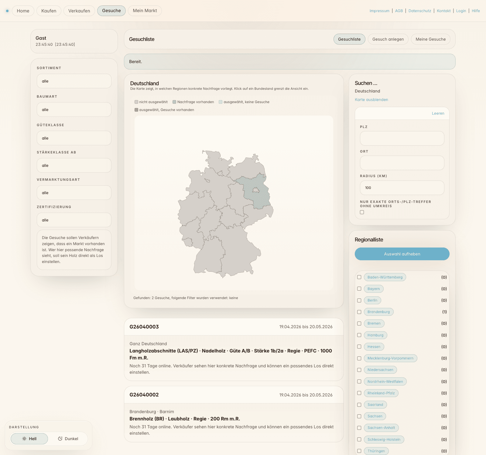 Gesuche-Seite mit Karte, Filtern und Gesuchliste