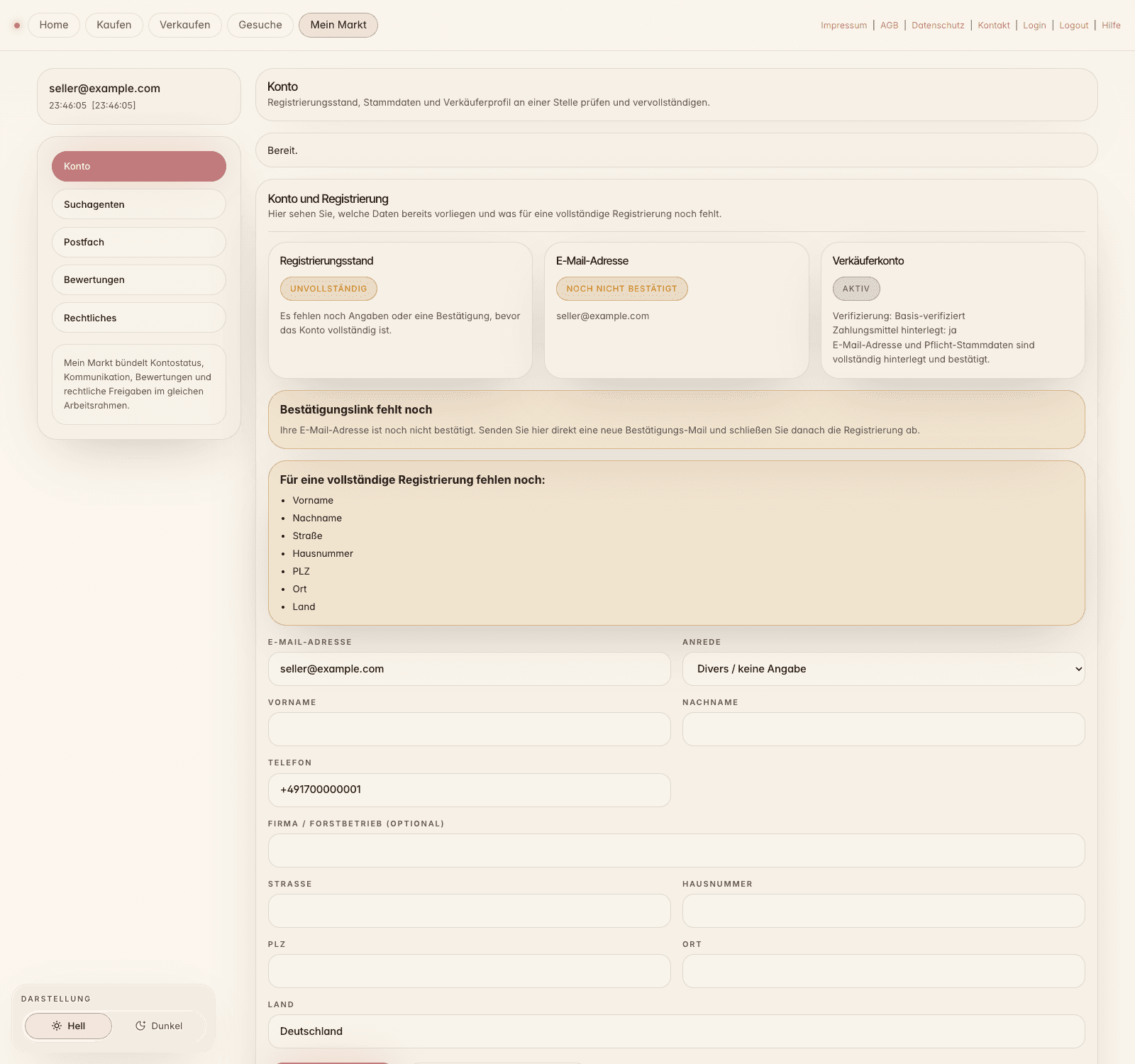 Mein Markt mit Tabs fuer Konto, Postfach, Bewertungen und Rechtliches