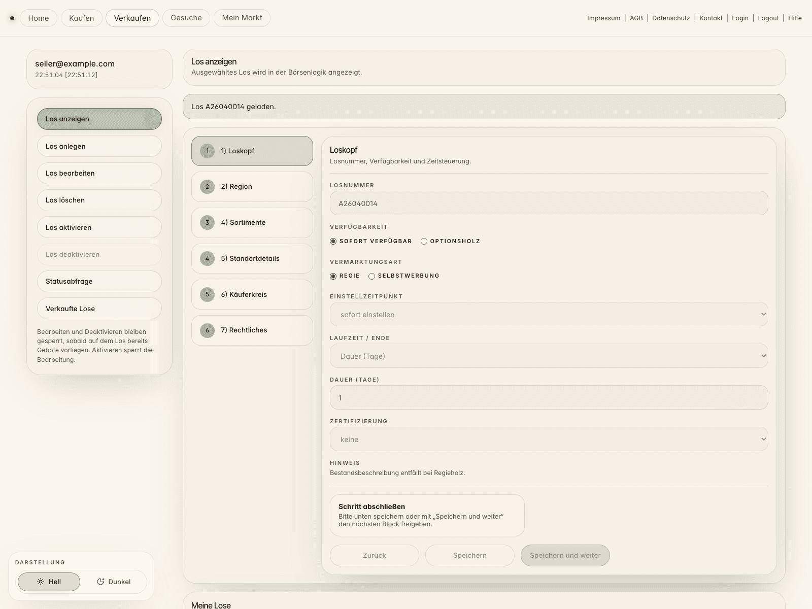 Verkaufsseite der Holzbörse mit Editor und Losliste